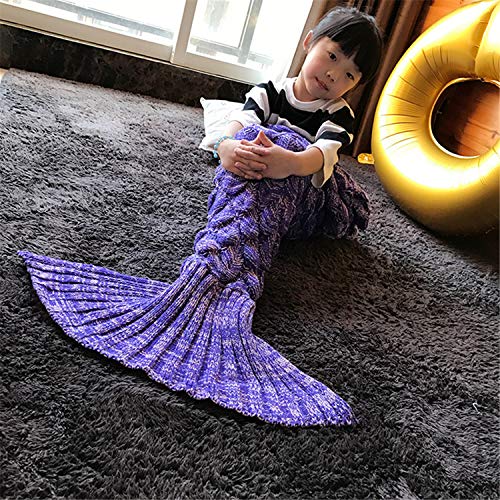 eCrazyBaby Hecho a Mano de Punto Manta de Cola de Sirena, Todas Las Estaciones cálido sofá Cama Sala de Estar Manta para niños, Patrón de Fish-Escalas, 140 x 70 cm, Morado