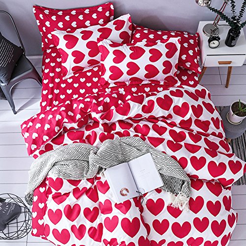 ED-Lumos Juego de Ropa de Cama ４Piezas para Cama 135-150cm Funda de Edredón 240x220cm Sábana 230x250cm Funda de Almohada 48x74cm Poliéster Color Rojo y Blanco con Corazón