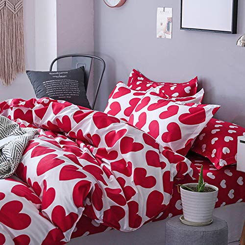 ED-Lumos Juego de Ropa de Cama ４Piezas para Cama 135-150cm Funda de Edredón 240x220cm Sábana 230x250cm Funda de Almohada 48x74cm Poliéster Color Rojo y Blanco con Corazón