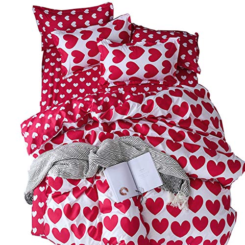 ED-Lumos Juego de Ropa de Cama ４Piezas para Cama 135-150cm Funda de Edredón 240x220cm Sábana 230x250cm Funda de Almohada 48x74cm Poliéster Color Rojo y Blanco con Corazón