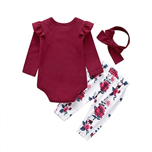 Edjude Bebé niñas Top de Manga Larga Pantalones Conjuntos 3Pcs Botón Romper Flor Rosa Diadema 18-24 Meses Rojo