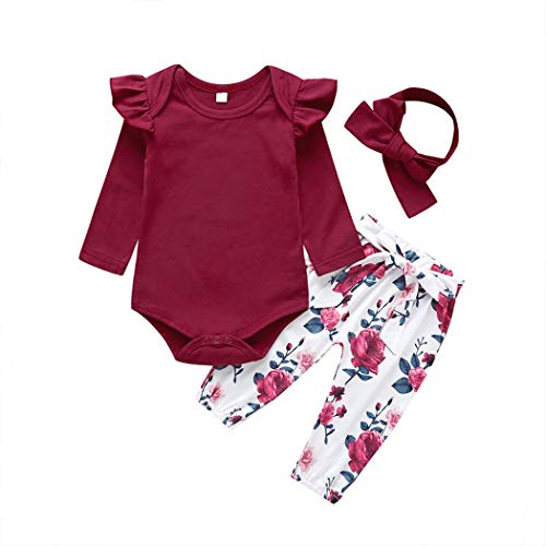 Edjude Bebé niñas Top de Manga Larga Pantalones Conjuntos 3Pcs Botón Romper Flor Rosa Diadema 18-24 Meses Rojo
