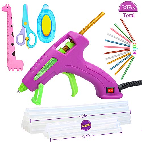 E·Durable Hot Mini Pistola de Pegamento con 38 Piezas Barras de Pegamento Colorido con Tijeras Regla Adhesivo de Doble Cara Pistola Silicona Kit DIY Escolares para niños (30w Morado)