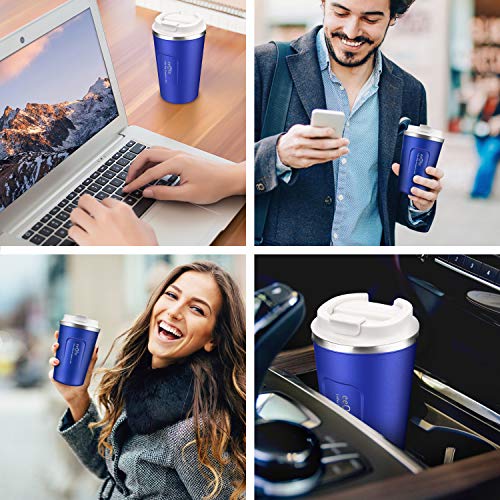 eeQiu taza térmica taza de café para llevar - 13oz 100% a prueba de fugas, taza de café, acero inoxidable de doble pared con aislamiento, café para llevar, taza de viaje de café y té (azul