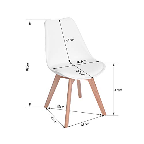 EGGREE Pack de 4 Tulip Sillas de Comedor Sillas Cocina Nórdico con Asiento Tapizado y Las piernas de Madera de Haya Maciza - Blanco