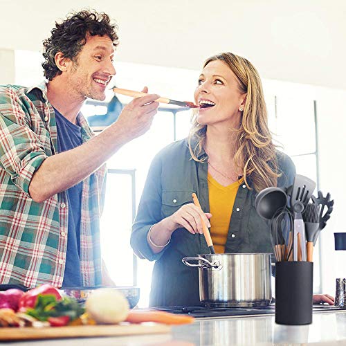 EKKONG Utensilios Cocina de Silicona,12 Piezas Juego de Utensilios de Cocina,Antiadherente con Mango de Madera para Utensilios,No Tóxicas Resistentes Al Calor Utensilios De Cocina Antiadherente