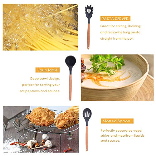 EKKONG Utensilios Cocina de Silicona,12 Piezas Juego de Utensilios de Cocina,Antiadherente con Mango de Madera para Utensilios,No Tóxicas Resistentes Al Calor Utensilios De Cocina Antiadherente