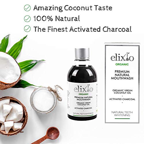 El aceite de enjuague bucal 200ml / El carbón orgánico activo y el aceite de coco natural/El blanqueamiento dental natural e higiene bucal/by elixio Cosmetics