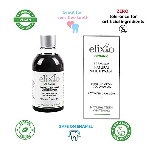 El aceite de enjuague bucal 200ml / El carbón orgánico activo y el aceite de coco natural/El blanqueamiento dental natural e higiene bucal/by elixio Cosmetics