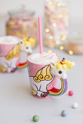 el & groove Taza Unicornio Grande Colorida en 3D | Taza de café 350ml (400ml Llena hasta el Borde) | Taza de té de Porcelana Unicornio en Colores Rosa, Blanco y Arco Iris | Estrellas | Regalo