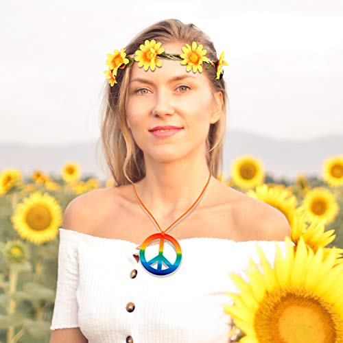 El Juego de Disfraz de Hippie de 24 Piezas Incluye Gafas Redondas de Hippie Collar de Signo de la Paz con Arco Iris Girasol Diademas para Fiesta de Festival