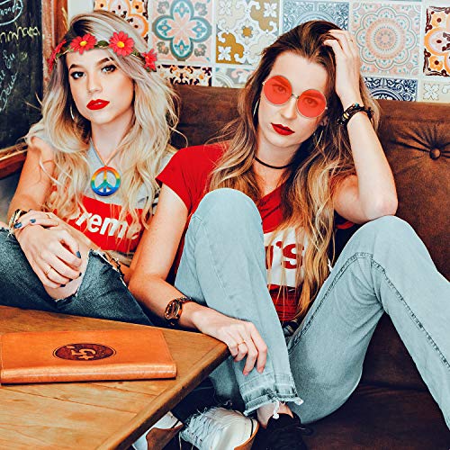 El Juego de Disfraz de Hippie de 24 Piezas Incluye Gafas Redondas de Hippie Collar de Signo de la Paz con Arco Iris Girasol Diademas para Fiesta de Festival