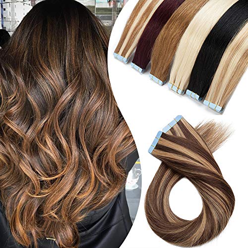 Elailite 20 Piezas Extensiones Adhesivas de Cabello Natural Remy Sin Clip Pelo Afro - 35 cm #4P27 Marrón Medio Mecha Rubio Oscuro Tape in Hair Extension Lisa - 30g (1.5g/pieza)