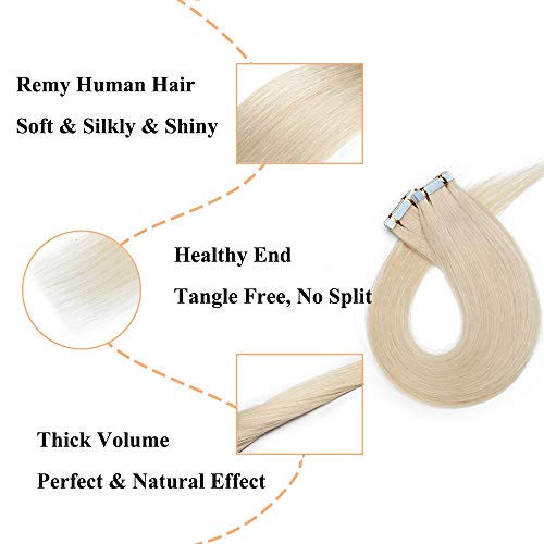 Elailite 20 Piezas Extensiones Adhesivas Pelo Natural Cabello Humano 100% Remy - 35 cm #70 Blanco Muy Claro [Espesor Delgado] Tape in Hair Extension Liso - 30g (1.5g/pieza)