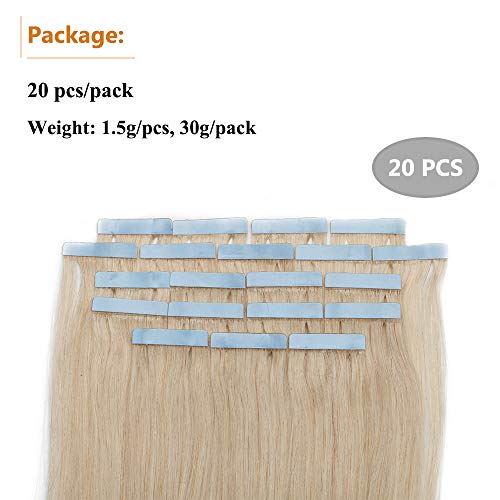Elailite 20 Piezas Extensiones Adhesivas Pelo Natural Cabello Humano 100% Remy - 35 cm #70 Blanco Muy Claro [Espesor Delgado] Tape in Hair Extension Liso - 30g (1.5g/pieza)