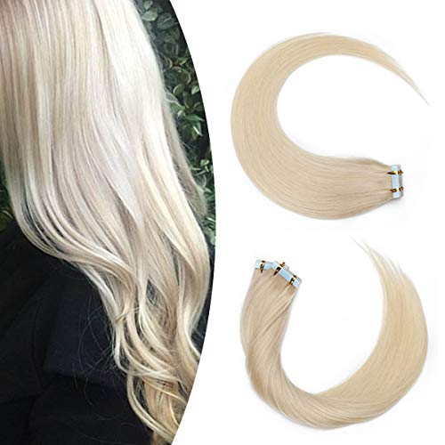 Elailite 20 Piezas Extensiones Adhesivas Pelo Natural Cabello Humano 100% Remy - 35 cm #70 Blanco Muy Claro [Espesor Delgado] Tape in Hair Extension Liso - 30g (1.5g/pieza)