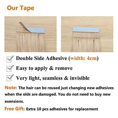 Elailite 20 Piezas Extensiones Adhesivas Pelo Natural Cabello Humano 100% Remy - 35 cm #70 Blanco Muy Claro [Espesor Delgado] Tape in Hair Extension Liso - 30g (1.5g/pieza)