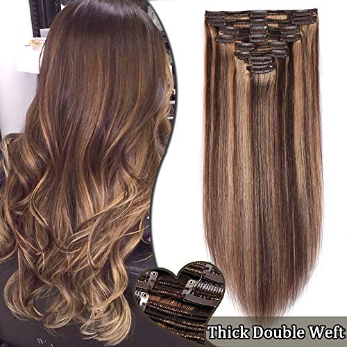 Elailite Double Wefts Extensiones de Clip de Pelo Natural Cabello Humano Remy - 35cm (120g) #4/27 Marrón Medio/Rubio Sombra -Muy Gruesas Mechas Mujer Clips Human Hair