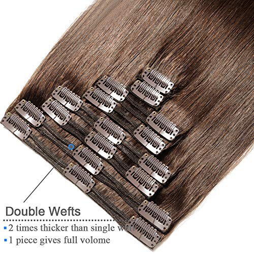 Elailite Extensiones de Cabello Natural Clip Pelo Humano Remy Mujer - 40cm (130g) #02 Marrón Oscuro -[Double Wefts] Muy Gruesas Mechas Mujer Clips Human Hair