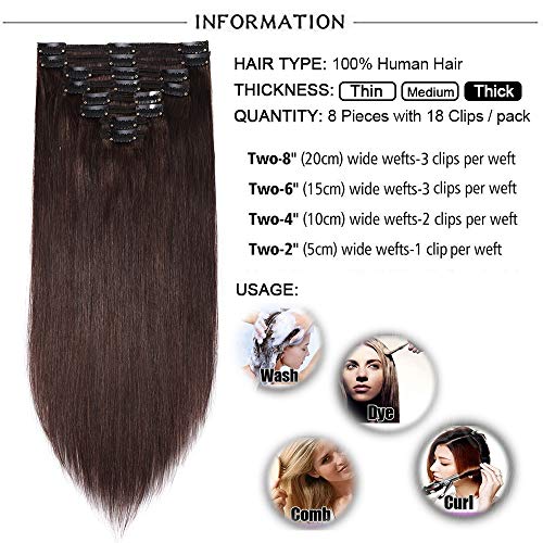 Elailite Extensiones de Cabello Natural Clip Pelo Humano Remy Mujer - 40cm (130g) #02 Marrón Oscuro -[Double Wefts] Muy Gruesas Mechas Mujer Clips Human Hair