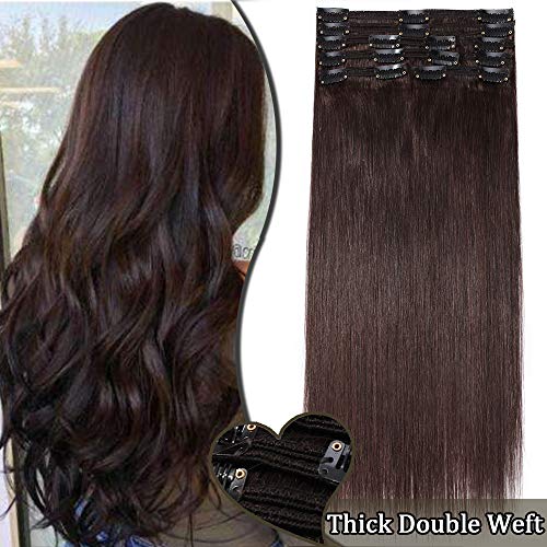 Elailite Extensiones de Cabello Natural Clip Pelo Humano Remy Mujer - 40cm (130g) #02 Marrón Oscuro -[Double Wefts] Muy Gruesas Mechas Mujer Clips Human Hair