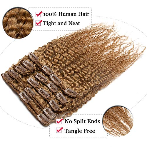 Elailite Extensiones de Clip de Pelo Natural Cabello Humano Kinky Curly Afro (Max Grueso) - 8 Pulgadas 20CM #27 Rubio Oscuro 8 Piezas 18 Clips Pelo Humano 100% Remy Hair