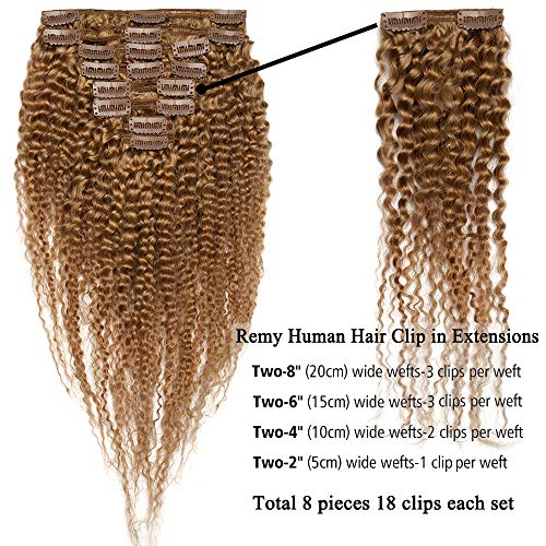 Elailite Extensiones de Clip de Pelo Natural Cabello Humano Kinky Curly Afro (Max Grueso) - 8 Pulgadas 20CM #27 Rubio Oscuro 8 Piezas 18 Clips Pelo Humano 100% Remy Hair