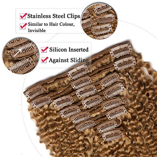 Elailite Extensiones de Clip de Pelo Natural Cabello Humano Kinky Curly Afro (Max Grueso) - 8 Pulgadas 20CM #27 Rubio Oscuro 8 Piezas 18 Clips Pelo Humano 100% Remy Hair