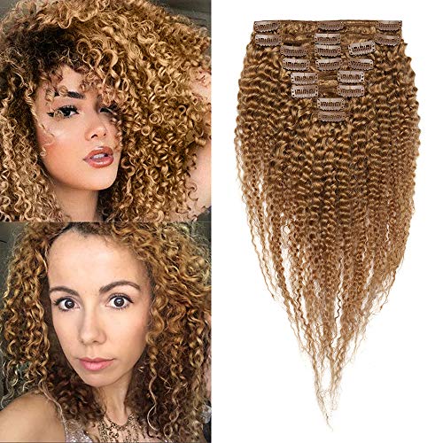 Elailite Extensiones de Clip de Pelo Natural Cabello Humano Kinky Curly Afro (Max Grueso) - 8 Pulgadas 20CM #27 Rubio Oscuro 8 Piezas 18 Clips Pelo Humano 100% Remy Hair