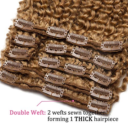 Elailite Extensiones de Clip de Pelo Natural Cabello Humano Kinky Curly Afro (Max Grueso) - 8 Pulgadas 20CM #27 Rubio Oscuro 8 Piezas 18 Clips Pelo Humano 100% Remy Hair