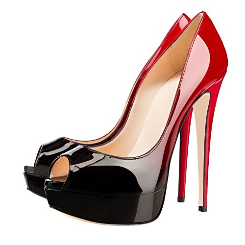 ELASHE - Zapatos para Mujer - Tacón de Aguja -15CM Peep Toe - 3CM Plataforma Tacones Mujer Fiestas Oficina Negro-Rojo EU38