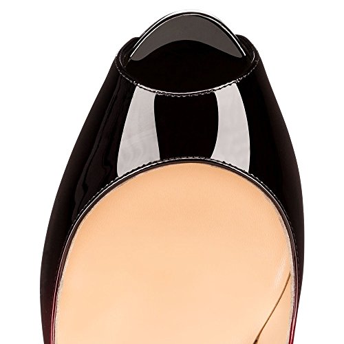 ELASHE - Zapatos para Mujer - Tacón de Aguja -15CM Peep Toe - 3CM Plataforma Tacones Mujer Fiestas Oficina Negro-Rojo EU38