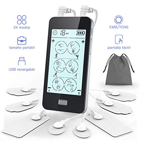 Electroestimulador Digital Masaje 24 Modos, 2 Canales, 8 Electrodos con LCD Pantalla Táctil para Alivio del Dolor y Relajación Muscular
