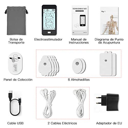 Electroestimulador Digital Masaje 24 Modos, 2 Canales, 8 Electrodos con LCD Pantalla Táctil para Alivio del Dolor y Relajación Muscular