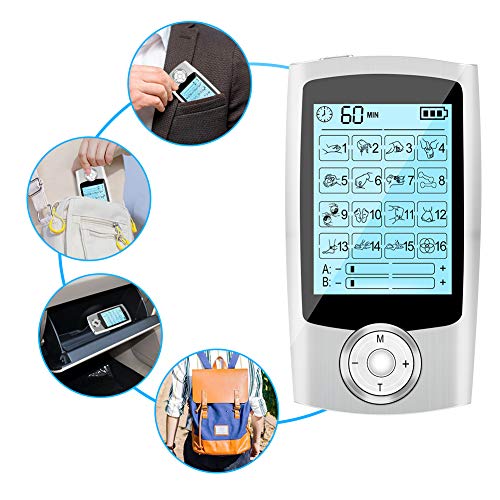 Electroestimulador Masaje EMS Portatil, 16 Modos 2 Canales 6 Pads Masajeador Electro Recargable Estimulador Muscular de Pulsos para Alivio del Dolor de Cervical/Piernas/Abdominal/Espalda/Cuello