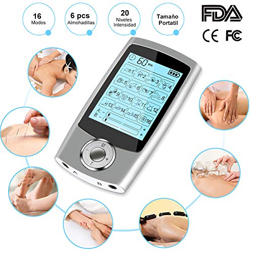 Electroestimulador Masaje EMS Portatil, 16 Modos 2 Canales 6 Pads Masajeador Electro Recargable Estimulador Muscular de Pulsos para Alivio del Dolor de Cervical/Piernas/Abdominal/Espalda/Cuello