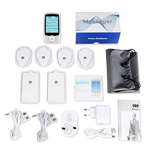 Electroestimulador Masaje EMS Portatil, 16 Modos 2 Canales 6 Pads Masajeador Electro Recargable Estimulador Muscular de Pulsos para Alivio del Dolor de Cervical/Piernas/Abdominal/Espalda/Cuello