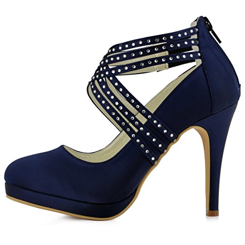 ElegantPark EP11085-PF Zapatos Novia Boda Plataforma Rhinestones Cerrado Zipper Raso Zapatos Fiesta Boda Mujer Azul Marino Talla EU 37