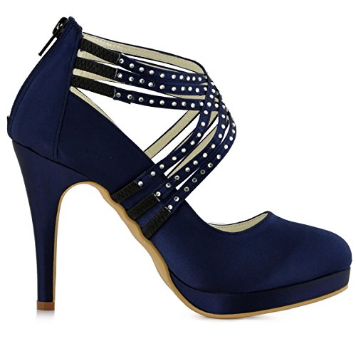 ElegantPark EP11085-PF Zapatos Novia Boda Plataforma Rhinestones Cerrado Zipper Raso Zapatos Fiesta Boda Mujer Azul Marino Talla EU 37