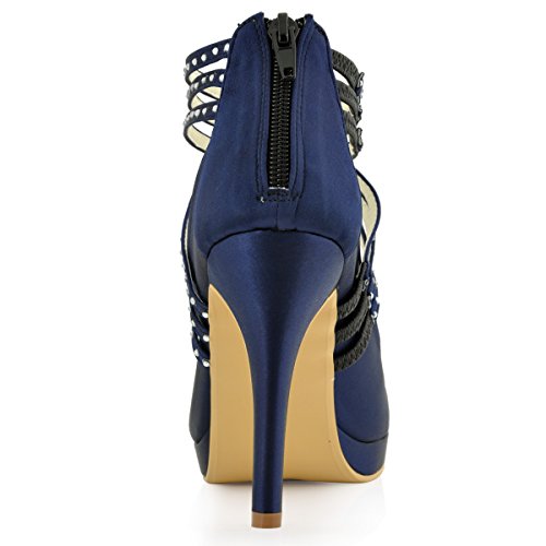 ElegantPark EP11085-PF Zapatos Novia Boda Plataforma Rhinestones Cerrado Zipper Raso Zapatos Fiesta Boda Mujer Azul Marino Talla EU 37