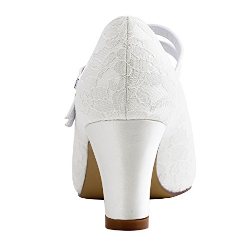 ElegantPark HC1701 Mujer Zapatillas Tacón Alto Mary Jane Hebilla Satén Cordones Zapatos de Boda Marfil EU 38