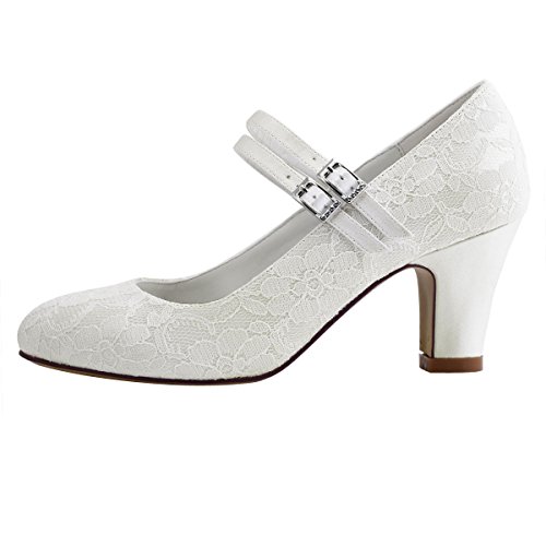 ElegantPark HC1701 Mujer Zapatillas Tacón Alto Mary Jane Hebilla Satén Cordones Zapatos de Boda Marfil EU 38