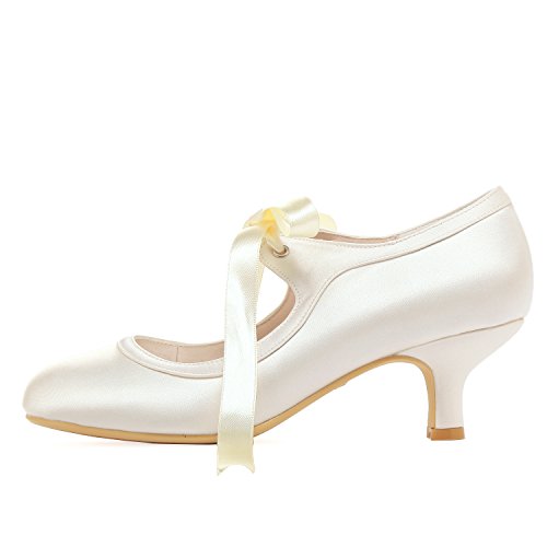 Elegantpark HC1803 Mujer Mary Jane Zapatos Novia Tacón Medio Cerrados Zapatos Novia Raso Cinta Satén Marfil EU 40