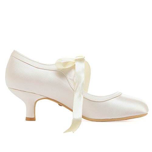 Elegantpark HC1803 Mujer Mary Jane Zapatos Novia Tacón Medio Cerrados Zapatos Novia Raso Cinta Satén Marfil EU 40