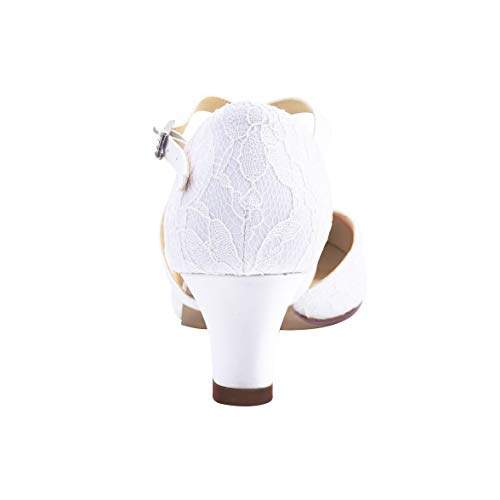 ElegantPark HC1920 Zapatos Novia Tacon Bajo Correa Cruzada Punta Cerrada Zapatos de Novia de Encaje Zapatos Boda Mujer Blanco EU 41