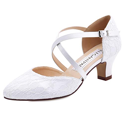 ElegantPark HC1920 Zapatos Novia Tacon Bajo Correa Cruzada Punta Cerrada Zapatos de Novia de Encaje Zapatos Boda Mujer Blanco EU 41
