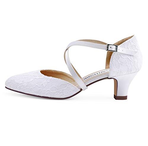 ElegantPark HC1920 Zapatos Novia Tacon Bajo Correa Cruzada Punta Cerrada Zapatos de Novia de Encaje Zapatos Boda Mujer Blanco EU 41