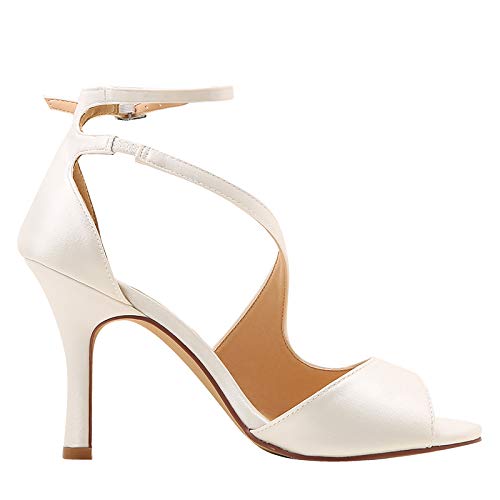 ElegantPark HP1565 Zapatos para Novia Mujer Peep Toe Sandalias de Boda Tacón Correa De Tobillo Satén Zapatos de Fiesta Novia Marfil EU 39