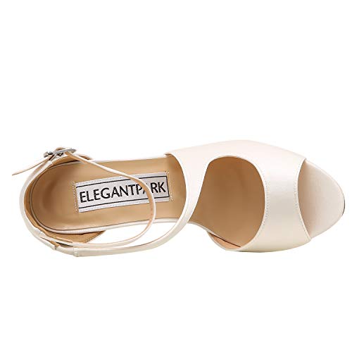 ElegantPark HP1565 Zapatos para Novia Mujer Peep Toe Sandalias de Boda Tacón Correa De Tobillo Satén Zapatos de Fiesta Novia Marfil EU 39