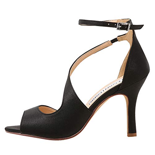 ElegantPark HP1565 Zapatos para Novia Mujer Peep Toe Sandalias de Boda Tacón Correa De Tobillo Satén Zapatos de Fiesta Novia Negro EU 42